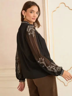 Love & Roses Black Gold Embroidery Long Sleeve High Neck Blouse Discount