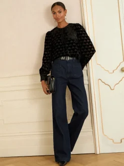 Love & Roses Crew Neck Long Sleeve Burnout Blouse Black Heart Outlet