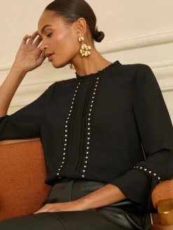 Love & Roses Hardware Detail Flute Sleeve Blouse Black Heart Best