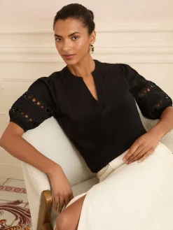 Love & Roses V-Neck Jersey T-Shirt Black Heart Lace Insert Outlet