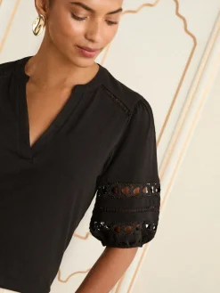 Love & Roses V-Neck Jersey T-Shirt Black Heart Lace Insert Outlet