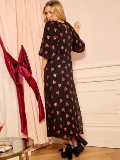 Love & Roses Black Heart Metallic V-Neck Puff Sleeve Midi Dress Online