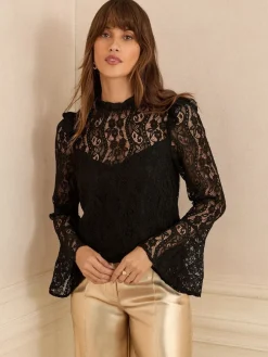 Love & Roses Lace Flute Sleeve Blouse Black Sale