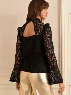 Love & Roses Lace Flute Sleeve Blouse Black Sale