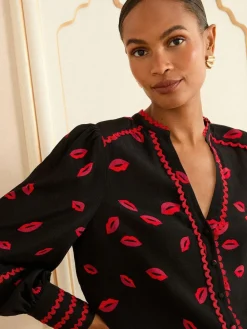 Love & Roses Black Lips Print Notch Neck Long Sleeve Blouse