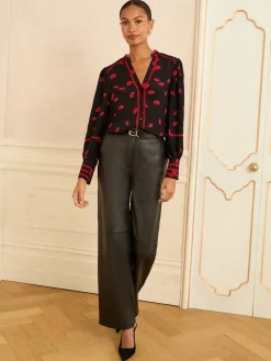 Love & Roses Black Lips Print Notch Neck Long Sleeve Blouse
