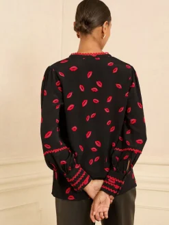 Love & Roses Black Lips Print Notch Neck Long Sleeve Blouse