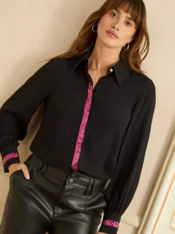 Love & Roses Long Sleeve Button Through Sequin Trim Shirt Black New