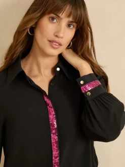 Love & Roses Long Sleeve Button Through Sequin Trim Shirt Black New