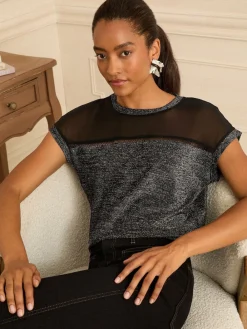 Love & Roses Black Metallic Satin Front V-Neck Short Sleeve Top Sale