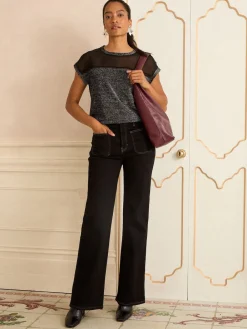 Love & Roses Black Metallic Satin Front V-Neck Short Sleeve Top Sale