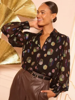 Love & Roses Printed Long Sleeve Shirt Black Metallic Spot New