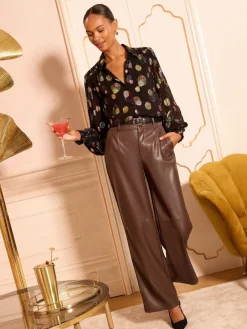 Love & Roses Printed Long Sleeve Shirt Black Metallic Spot New