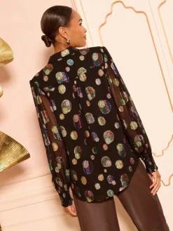 Love & Roses Printed Long Sleeve Shirt Black Metallic Spot New