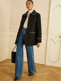 Love & Roses Mid Length Scallop Trim Dolly Coat Black Online