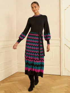 Love & Roses Black Multi Chevron Petite Scallop Knitted Midi Dress Hot
