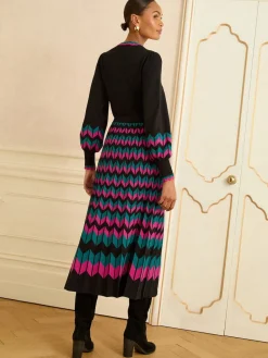 Love & Roses Black Multi Chevron Petite Scallop Knitted Midi Dress Hot