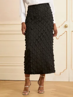 Love & Roses Black Petite 3D Floral Midi Skirt Clearance