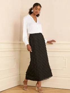 Love & Roses Black Petite 3D Floral Midi Skirt Clearance