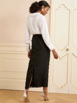 Love & Roses Black Petite 3D Floral Midi Skirt Clearance