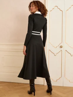Love & Roses Ponte Contrast Trim Zip Front Long Sleeve Midi Dress Black Clearance