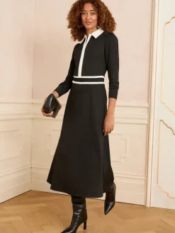 Love & Roses Ponte Contrast Trim Zip Front Long Sleeve Midi Dress Black Clearance