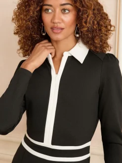 Love & Roses Ponte Contrast Trim Zip Front Long Sleeve Midi Dress Black Clearance