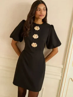 Love & Roses Black Puff Sleeve Gold Button Mini Dress Sale