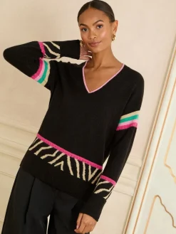 Love & Roses Print V-Neck Cosy Knit Jumper Black Rainbow Animal Stripe Outlet