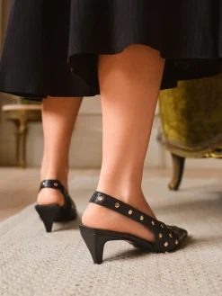 Love & Roses Chisel Toe Slingback Smart Kitten Heel Court Shoes Black Real Leather Sale