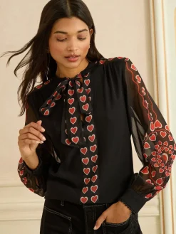 Love & Roses Black Red Heart Long Sleeve Pussybow Blouse Sale