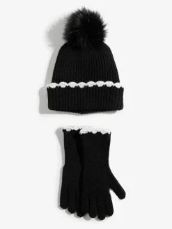 Love & Roses Scallop Trim Ribbed Pom Hat and Gloves Set Black Outlet