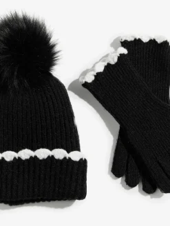 Love & Roses Scallop Trim Ribbed Pom Hat and Gloves Set Black Outlet