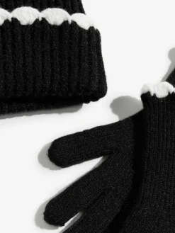Love & Roses Scallop Trim Ribbed Pom Hat and Gloves Set Black Outlet