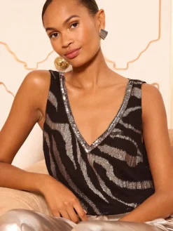 Love & Roses Black Silver Zebra V-Neck Vest Discount