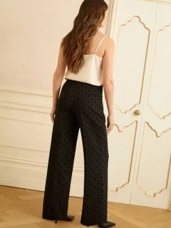 Love & Roses Black Spot Petite Flocked Spot Wide Leg Trousers Sale