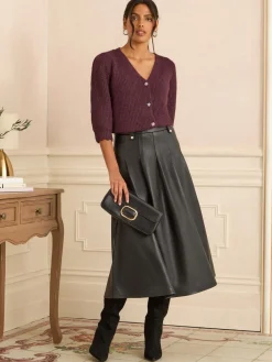 Love & Roses Black Tab Detail Fit and Flare Faux Leather Midi Skirt Best