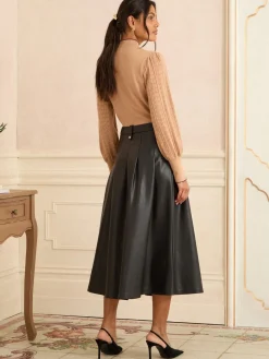 Love & Roses Black Tab Detail Fit and Flare Faux Leather Midi Skirt Best