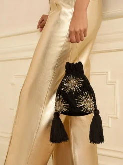 Love & Roses Velvet Sequin Embellished Pouch Bag Black New