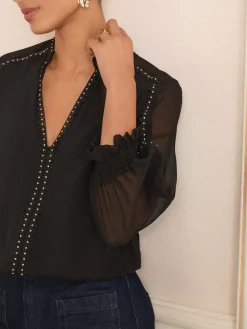 Love & Roses V-Neck Hardware 3/4 Sleeve Blouse Black Discount