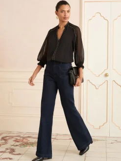 Love & Roses V-Neck Hardware 3/4 Sleeve Blouse Black Discount