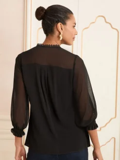 Love & Roses V-Neck Hardware 3/4 Sleeve Blouse Black Discount