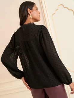 Love & Roses V-Neck Lace Long Sleeve Dobby Blouse Black Clearance