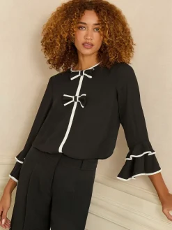 Love & Roses Crew Neck Pleated Flute Sleeve Blouse Black White Bow New