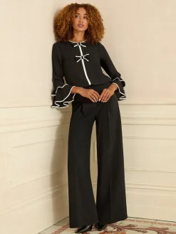 Love & Roses Crew Neck Pleated Flute Sleeve Blouse Black White Bow New