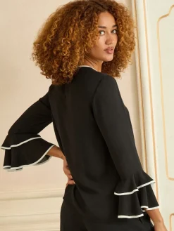 Love & Roses Crew Neck Pleated Flute Sleeve Blouse Black White Bow New