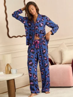 Love & Roses Blue Leopard Button Down Pyjamas Set Outlet
