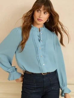 Love & Roses Long Sleeve Frill Detail Blouse Blue Hot