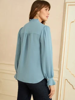Love & Roses Long Sleeve Frill Detail Blouse Blue Hot