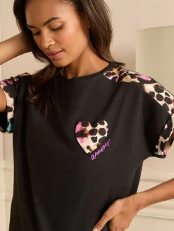 Love & Roses Short Sleeve Printed Bottom Jersey Pyjamas Set Brown Leopard Print Hot